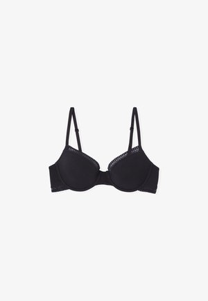 Reggiseno imbottito nero con spalline regolabili e un sottile bordo in pizzo lungo i bordi superiori, esposto su uno sfondo bianco.
