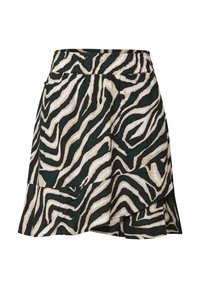 Short skirt featuring a green and cream zebra print pattern with black accents, layered design, and an elastic waistband for comfort.
