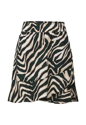 Mini-jupe avec un motif zèbre vert et crème agrémenté de accents noirs, design superposé et taille élastique pour un confort optimal.