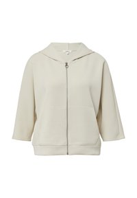 Helle beigefarbene Zip-Hoodie aus weichem, strukturierter Stoff. Verfügt über eine Kapuze und Dreiviertelärmel sowie seitliche Taschen. Minimalistisches Design.