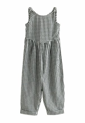 Schwarze und weiße Gingham-Jumpsuit mit Schulterfalten, einem taillierten Oberteil und lockeren, knöchellangen weiten Beinen für Bewegungsfreiheit.