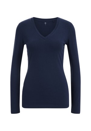 Maglia a maniche lunghe blu navy con scollo a V, realizzata in morbido tessuto misto cotone, caratterizzata da una vestibilità aderente e un collo a coste.