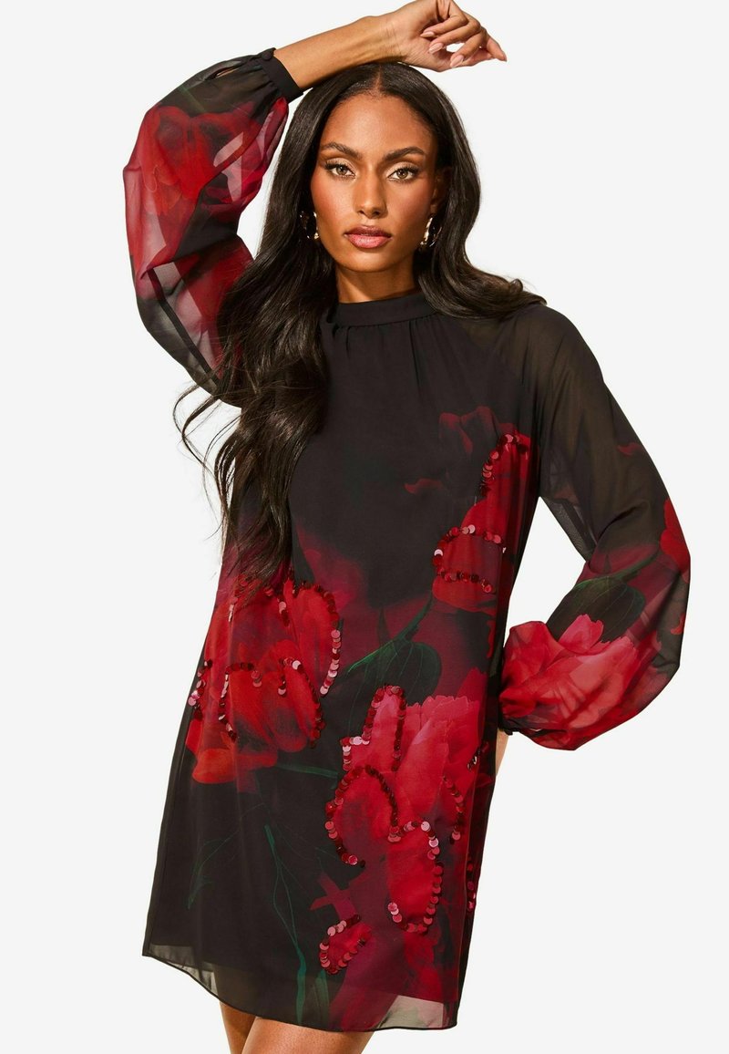 Lipsy LONG SLEEVE HAND EMBELLISHED FLORAL MINI- REGULAR FIT - Dienas kleita - red print