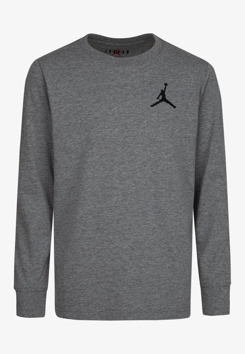 Gray long-sleeve sweatshirt made of cotton blend. Features a round neck, ribbed cuffs, and a black Jumpman logo on the chest.