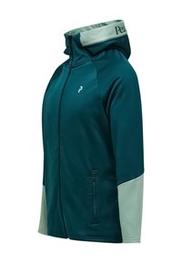 Mikina s kapucňou v tmavom tyrkysovom odtieni so svetlozelenými akcentmi. Má plný zips a bočné vrecko, vyrobená z mäkkej, hladkej látky.