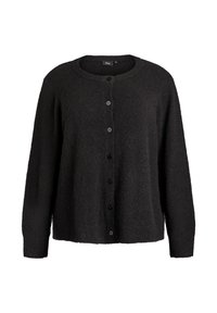 Črni pleten kardigan z okrolim izrezom, dolgimi rokavi in petimi črnimi gumbi spredaj. Mehka tekstura in sproščen kroj.