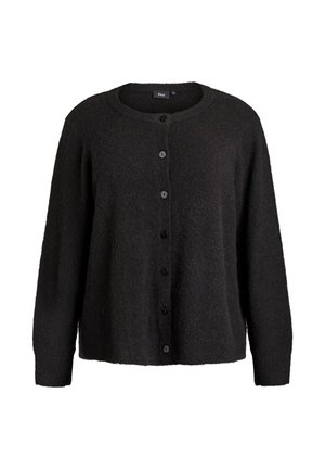 Black knitted cardigan with a round neckline, long sleeves, and five black buttons down the front. Soft texture and relaxed fit.