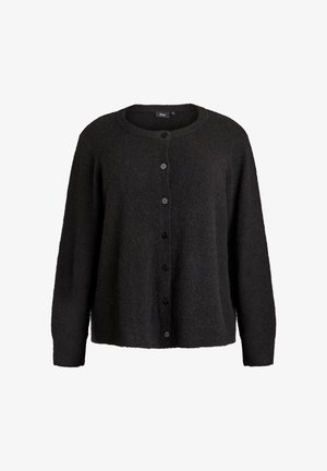 Black knitted cardigan with a round neckline, long sleeves, and five black buttons down the front. Soft texture and relaxed fit.