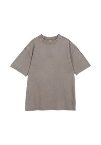 Przesadny T-shirt w stonowanej szarości, wykonany z bawełny, z okrągłym dekoltem i krótkimi rękawami, z subtelnym detalem logo w tkaninie.