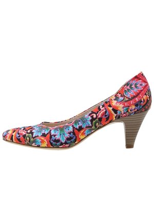 Damskie czółenka na średnim obcasie z kolorowym, skomplikowanym wzorem kwiatowym i paisley oraz z zalewanym drewnianym obcasem.