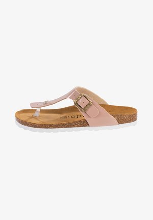 Pink patent leather flip-flop with a textured cork footbed, adjustable buckle hardware, and a white rubber outsole.