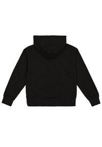 Sudadera con capucha negra de textura suave, con puños y dobladillo acanalados, y un bolsillo tipo canguro en la parte delantera, que presenta un diseño minimalista.