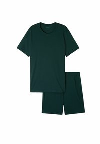 Dunkelgrünes Baumwoll-T-Shirt mit kurzen Ärmeln und rundem Ausschnitt, kombiniert mit passenden Shorts mit einem elastischen Bund.