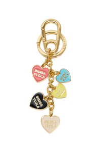 Gold keychain with five colored heart charms (pink, blue, black, yellow, and cream) featuring embossed "BIMBA Y LOLA" text.