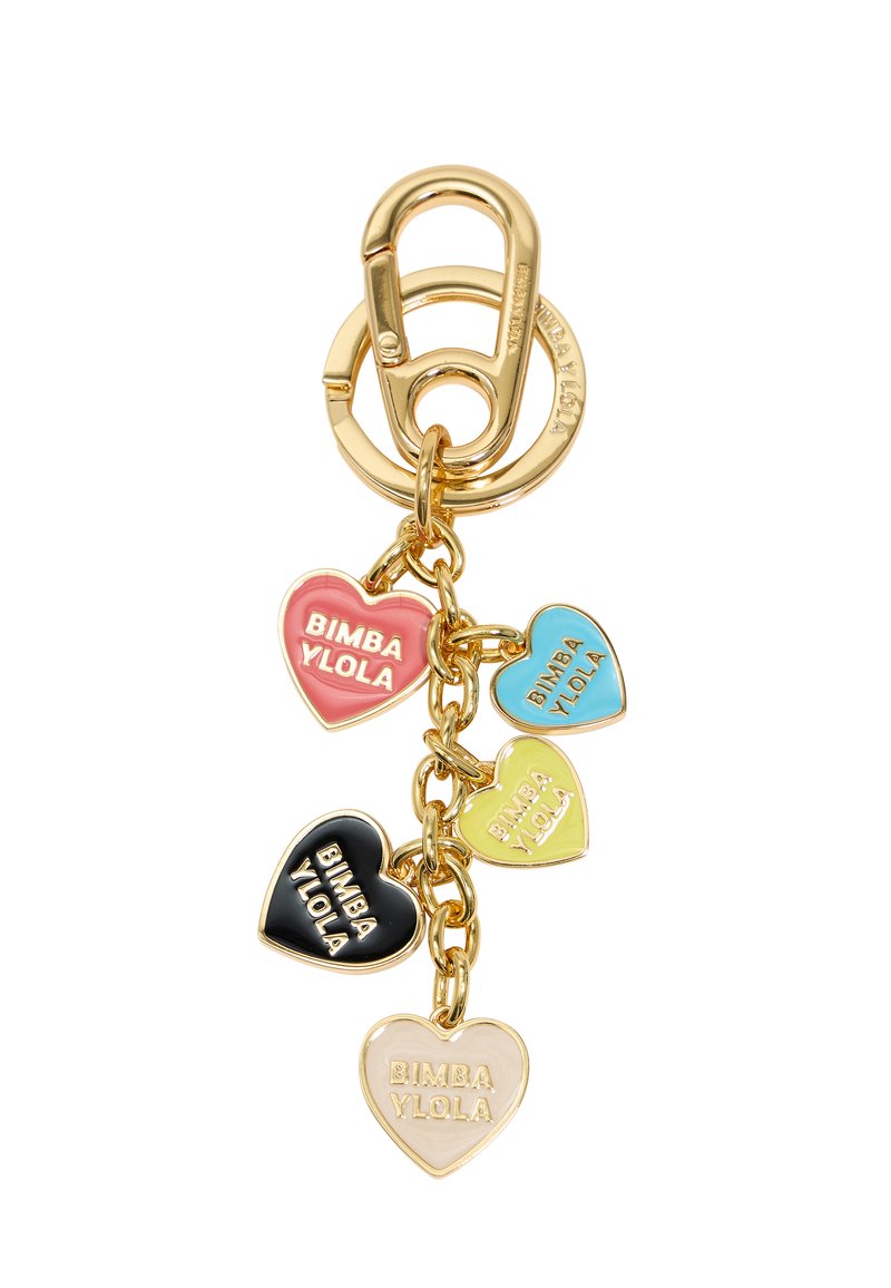 Gold keychain with five colored heart charms (pink, blue, black, yellow, and cream) featuring embossed "BIMBA Y LOLA" text.