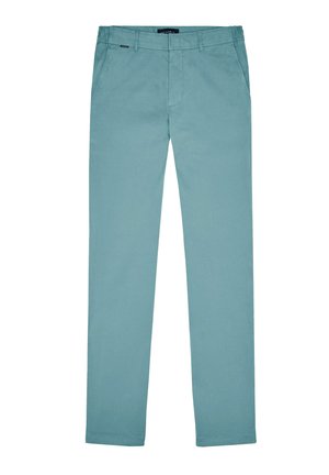 Licht turquoise katoenen broek met een rechte pijp, voorzien van twee steekzakken aan de voorkant en een enkele zak aan de achterkant. Eenvoudige stikseldetails.