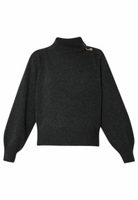 Pull en maille gris charbon avec col roulé côtelé, manches longues ballon, ourlet côtelé et épingle dorée décorative sur le col.