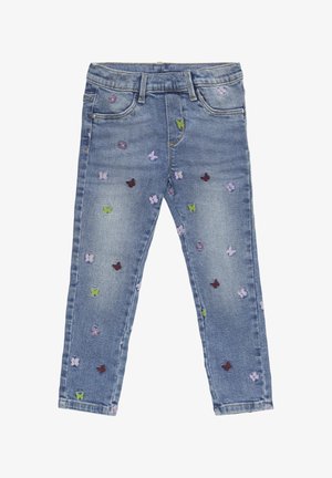 Blauwe denim jeans met een slanke pasvorm, voorzien van meerkleurige geborduurde vlinders en bloemen, een ontwerp met vijf zakken en een traditionele tailleband.