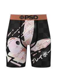 Črne bokserice z bleščečo roza in belo zasnovo ter tekočimi poudarki, teksturirana tkanina in rjav PSD pas.