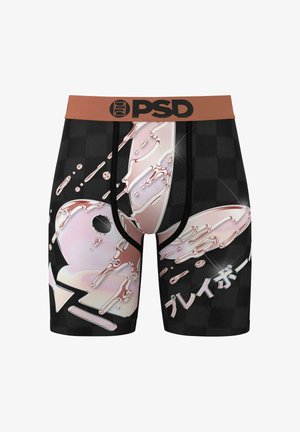 Melnas bokseru bikses ar spīdīgu rozā un baltu dizainu, kas izceļas ar šķidru akcentu, teksturētu audumu un brūnu PSD jostasvietu.