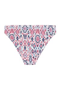 Rožinė ir mėlyna raštuota bikini kelnaitė su deimanto ir ašarėlės dizainu, pagaminta iš lygaus, tampraus audinio ir su žemu juosmeniu.
