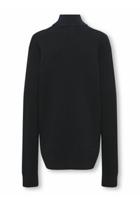 Svart långärmad stickad tröja med hög krage, ribbat mönster och rak fåll, sedd bakifrån mot en vit bakgrund.