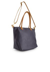 Læder tote-bag i mørkeblå med brune håndtag. Har en tekstureret finish, to øverste håndtag og en aftagelig skulderrem.