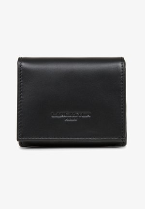Black leather wallet featuring a textured surface, compact rectangular shape, and embossed "LANCASTER PARIS" logo on the front.