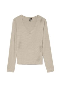 Ljust beige långärmad topp med V-ringning, tillverkad av texturerad ribbad tyg. Har en kort design och enkla sömnadsdetaljer.