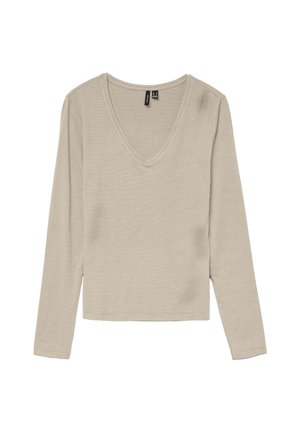 Haut beige clair à manches longues avec un col en V, fabriqué en tissu côtelé texturé. Présente un design court et de simples détails de couture.