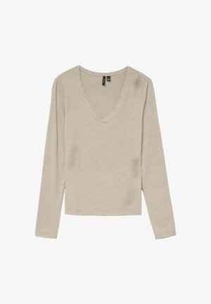 Lys beige langærmet top med V-udskæring, lavet af tekstureret ribbet stof. Har et cropped design og enkle syninger.