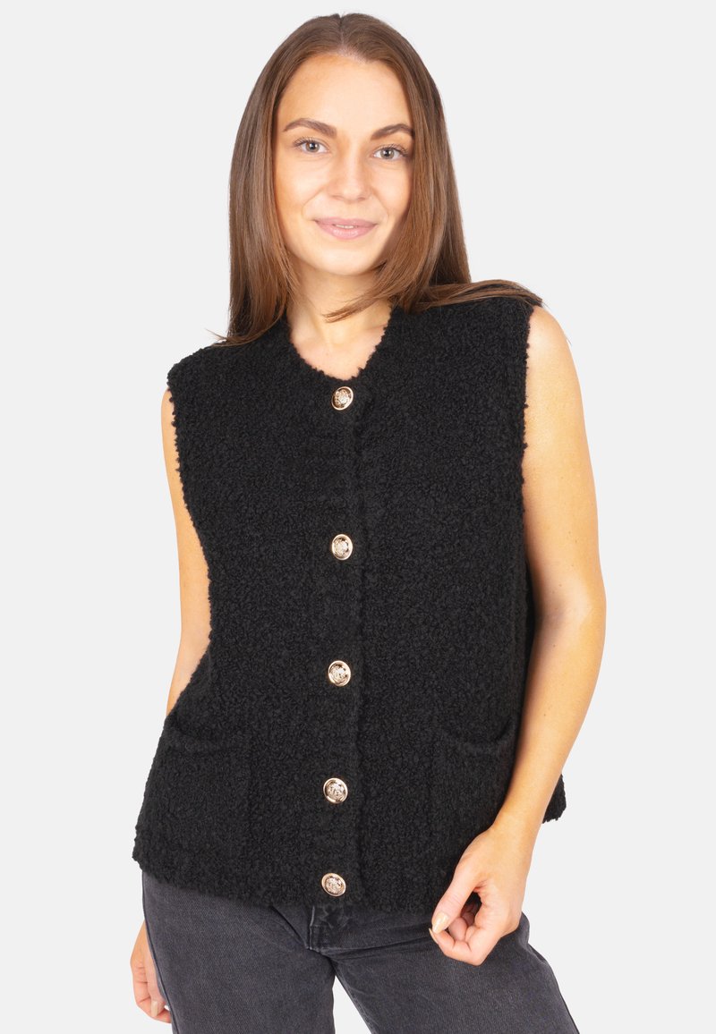 Schwarze ärmellose Weste aus weichem, strukturiertem Material, versehen mit goldfarbenen Knöpfen und zwei Fronttaschen für zusätzliche Details.