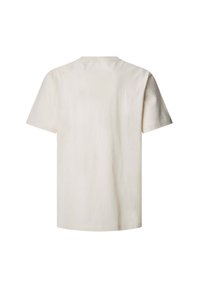 T-shirt a maniche corte, con collo rotondo, realizzato in cotone beige chiaro. Presenta una texture liscia e un design minimalista senza grafica o dettagli.