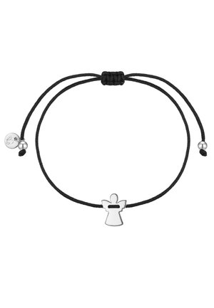Čierny nastaviteľný náramok s tkanicou, uprostred malý strieborný anjelský prívesok a na koncoch dve strieborné korálky.