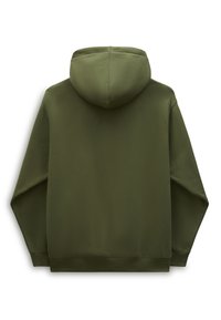 Sudadera de color verde oliva oscuro con un bolsillo tipo canguro, capucha con cordón y puños acanalados. Confeccionada en una suave mezcla de algodón con una textura lisa.