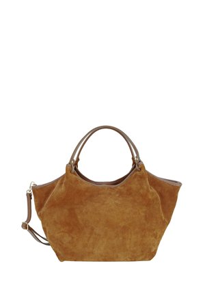 Bruine suède totebag met dubbele handgrepen en een verstelbare schouderriem, met een slordig en ruim ontwerp.
