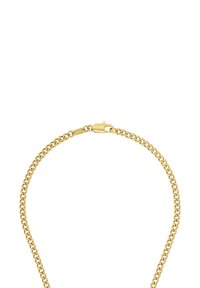 Bracciale a catena color oro, con anelli intrecciati, dotato di una chiusura a moschettone semplice e una finitura liscia e lucida.