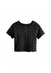 Zwart cropped t-shirt van textuurstof met een golfpatroon. Heeft een ronde halslijn en korte mouwen met een raw edge zoom.