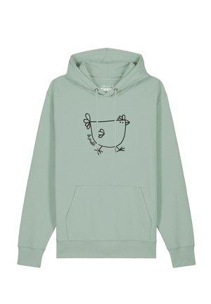 Sweat à capuche vert clair avec poche avant et dessin simple en lignes noires d’un poulet au centre.