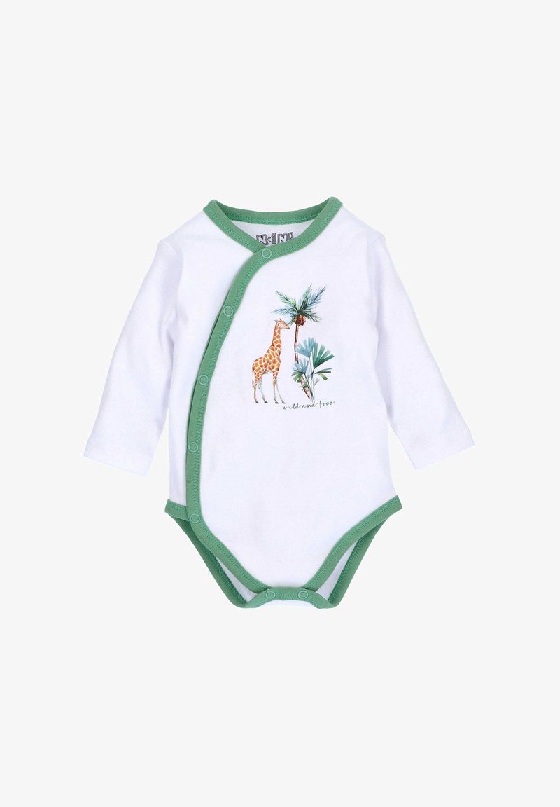 Hvid langærmet bodystocking med grønne kanter, der har en illustration af en giraf og palmeblade med teksten "vild og fri" nedenfor.