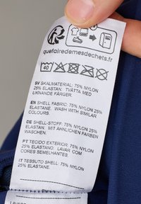Etichetta per la cura del tessuto che mostra le istruzioni di lavaggio e la composizione dei materiali: 75% nylon, 25% elastan. Lo sfondo è un tessuto blu scuro.