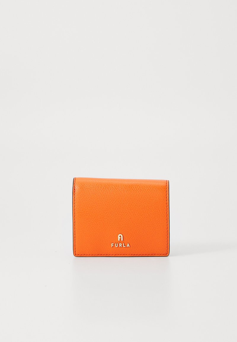 Furla card holder in vibrant orange leather with a textured finish, featuring a metallic logo accent and a bi-fold design.
