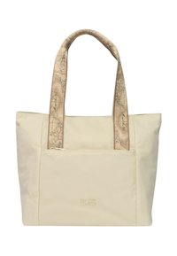 Borsa tote beige realizzata in tessuto liscio, con manici in tessuto a motivo mappa, tasca frontale con zip e logo in rilievo sul davanti.