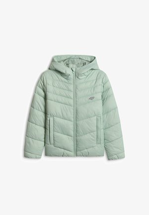 Jeune personne portant une doudoune vert clair, un bonnet lavande, une chemise lavande, un pantalon large gris et des baskets grises, debout détendue.