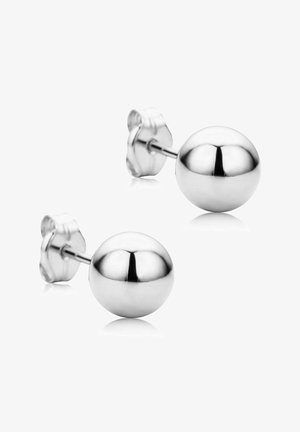 Srebrni uhani s gladkim, sferičnim oblikom. Vsak uhan ima sijajno, odsevajočo površino in varne metuljčaste zaponke.