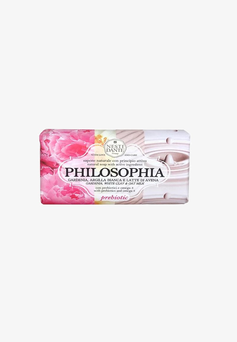 Natural soap bar with a pink and white design, featuring floral patterns and textured accents. Label includes "Philosophia" and "prebiotic."