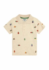 Beige polo-paita, jossa on värikkäitä brodeerattuja hyönteisiä ja etanoita. Valmistettu pehmeästä kankaasta, jossa on klassinen kaulus ja kolme nappia.