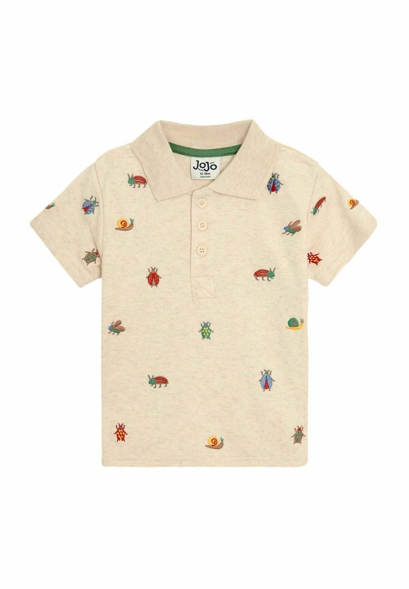Beige polo-paita, jossa on värikkäitä brodeerattuja hyönteisiä ja etanoita. Valmistettu pehmeästä kankaasta, jossa on klassinen kaulus ja kolme nappia.