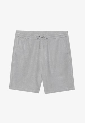 Light gray shorts with an elastic waistband, drawstring closure, and side pockets. Made of a textured, breathable fabric.