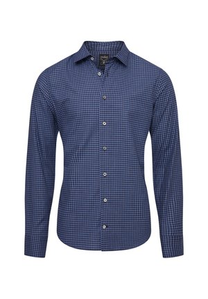 Camicia da uomo a maniche lunghe con bottoni, motivo a piccolo quadretto blu e nero, collo classico e polsini con bottoni.